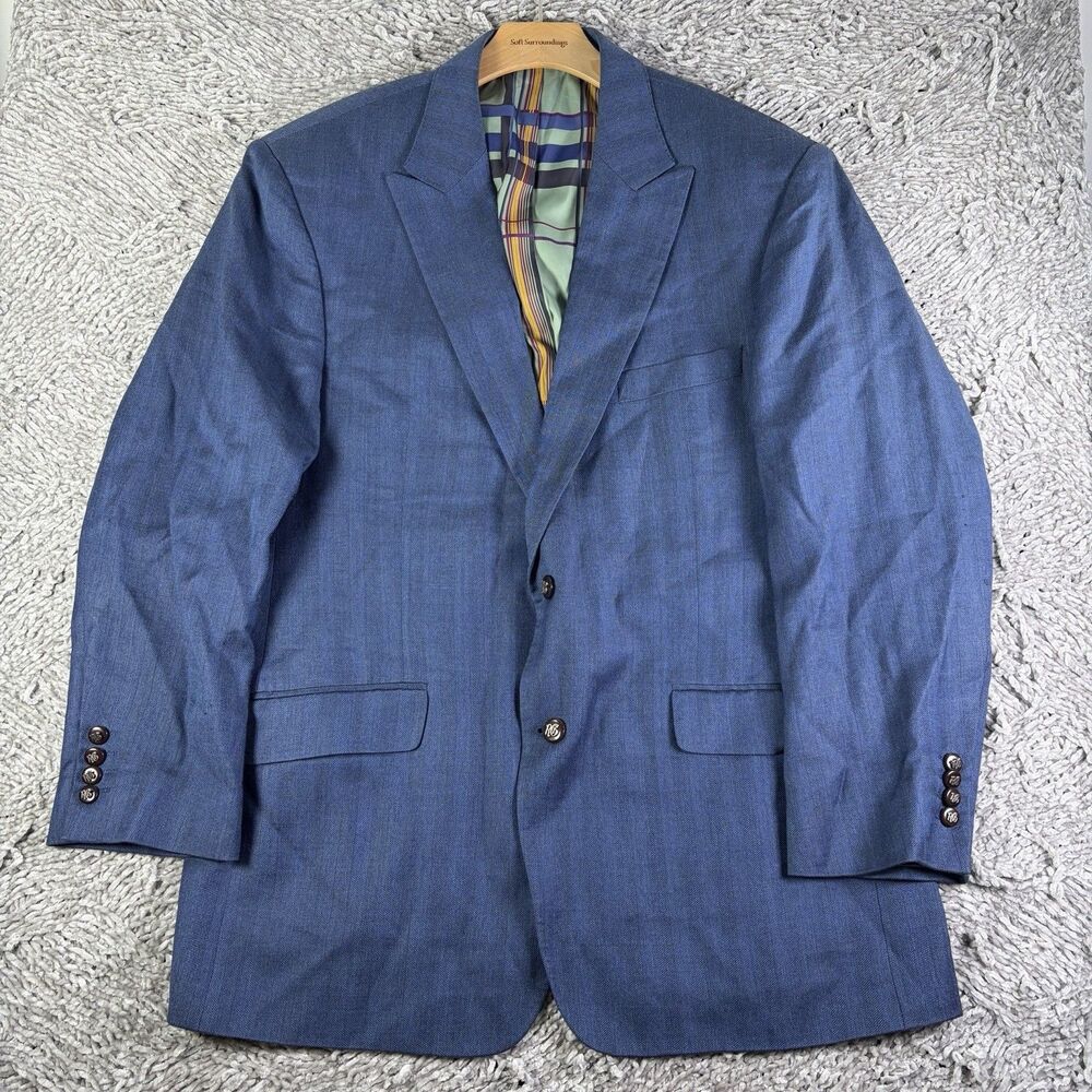 Robert Graham Blazer Mens 46R Navy Blue Wool Silk Linen Business Formal Designer